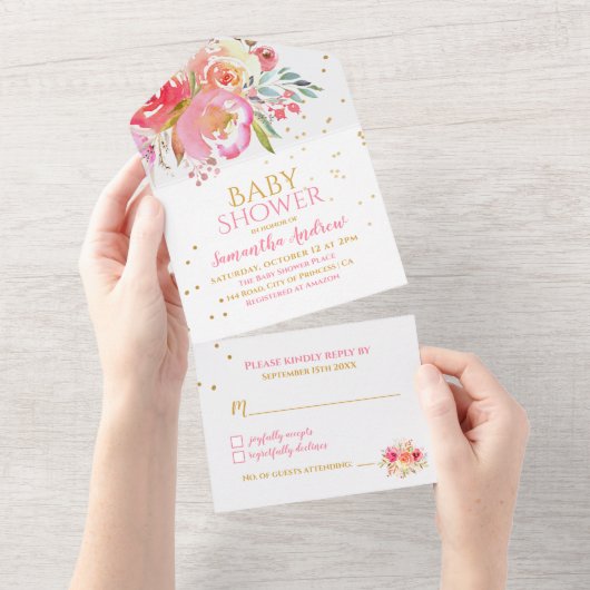 Waterverf Floral Girl Baby shower All In One Uitnodiging (Afscheurbaar)
