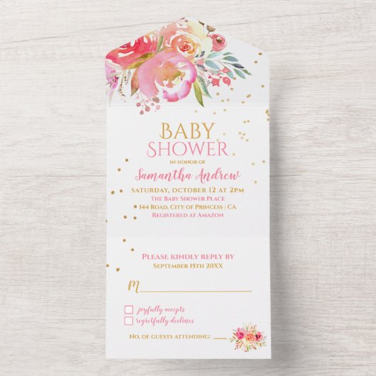 Waterverf Floral Girl Baby shower All In One Uitnodiging (Binnen)
