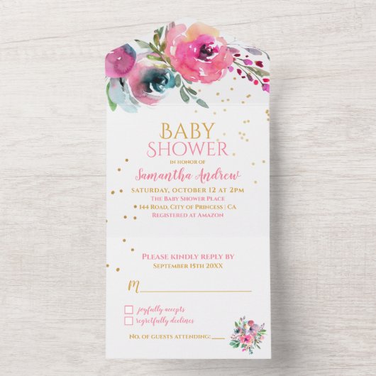 Waterverf Floral Girl Baby shower All In One Uitnodiging (Binnen)