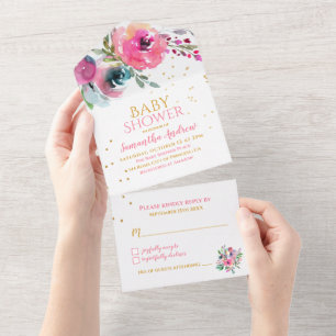 Waterverf Floral Girl Baby shower All In One Uitnodiging