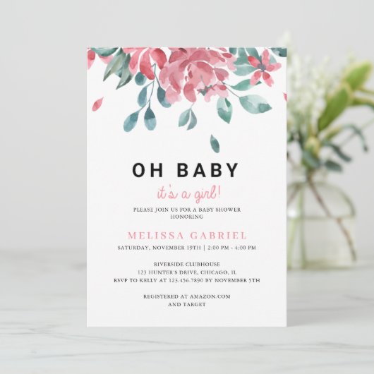 Waterverf Floral Girl Baby shower Kaart (Staand voorkant)