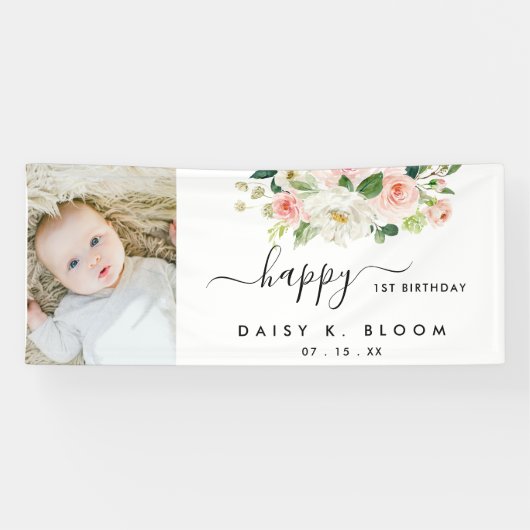 Waterverf Floral Girl Foto Birthday Spandoek (Horizontaal)