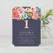 Waterverf Floral Girls 1ste verjaardag Uitnodiging (Staand voorkant)