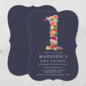 Waterverf Floral Girls 1ste verjaardag Uitnodiging (Voorkant / Achterkant)