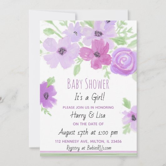 Waterverf Floral Girl's Baby shower Kaart (Voorkant)