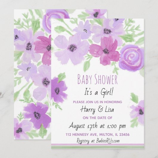 Waterverf Floral Girl's Baby shower Kaart (Voorkant / Achterkant)