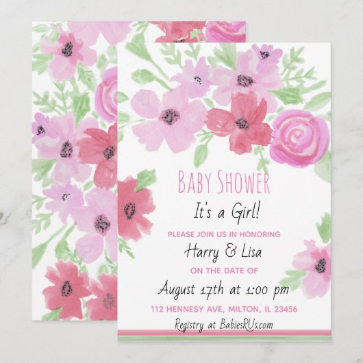 Waterverf Floral Girl's Baby shower Kaart (Voorkant / Achterkant)