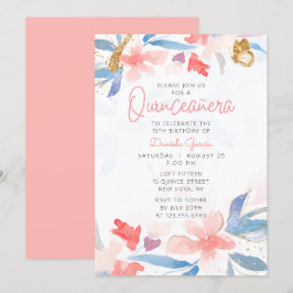 Waterverf Floral Glitter Butterfly Quinceañera Kaart