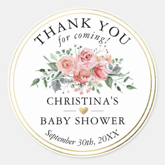 Waterverf Floral Gold Baby shower Dank u Ronde Sticker (Voorkant)