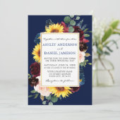 Waterverf Floral Gold Blue Photo Wedding Kaart (Staand voorkant)