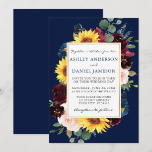 Waterverf Floral Gold Blue Wedding Kaart