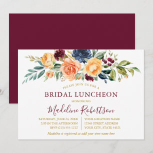 Waterverf Floral Gold Bridal Luncheon Burgundy Kaart
