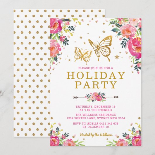 Waterverf Floral Gold Butterfly Holiday Kaart (Voorkant / Achterkant)