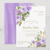 Waterverf Floral Gold Calligraphy Quinceanera Kaart (Voorkant / Achterkant)