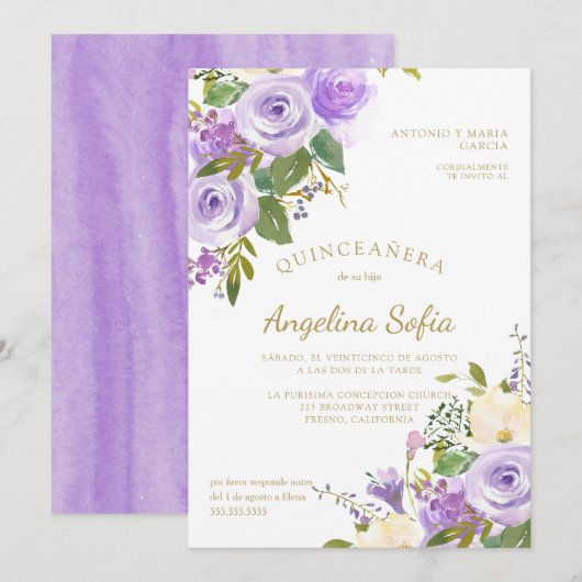 Waterverf Floral Gold Calligraphy Quinceanera Kaart (Voorkant / Achterkant)