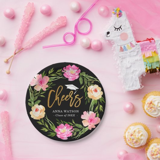 Waterverf Floral Gold Cheers Aangepast Afstuderen Papieren Bordje (Feest)