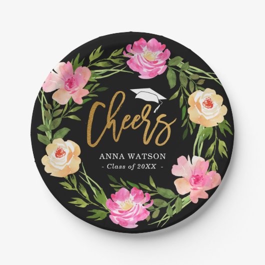 Waterverf Floral Gold Cheers Aangepast Afstuderen Papieren Bordje (Voorkant)