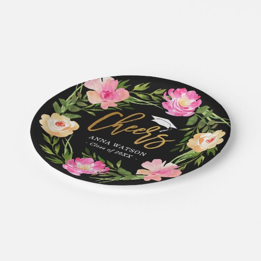 Waterverf Floral Gold Cheers Aangepast Afstuderen Papieren Bordje (Gekanteld)