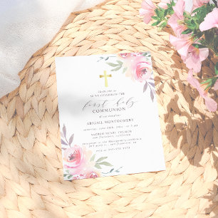 Waterverf Floral Gold Cross Eerste Heilige Communi Uitnodiging Briefkaart