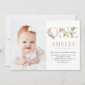 Waterverf  Floral Gold First Birthday Foto Kaart (Voorkant)