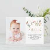 Waterverf  Floral Gold First Birthday Foto Kaart (Staand voorkant)