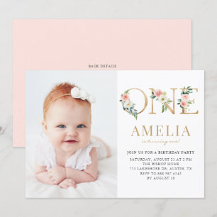Waterverf  Floral Gold First Birthday Foto Kaart