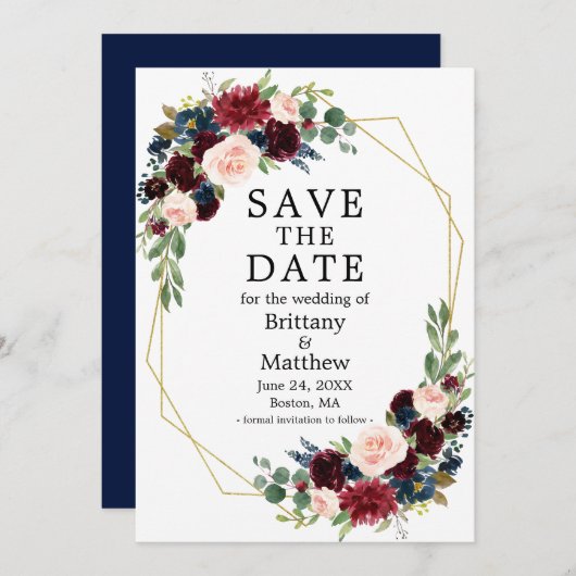 Waterverf Floral Gold Geo Lijst Blue Save The Date (Voorkant / Achterkant)
