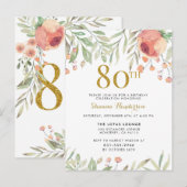 Waterverf Floral Gold Glitter 80ste Verjaardagsfee Uitnodiging Briefkaart (Voorkant / Achterkant)