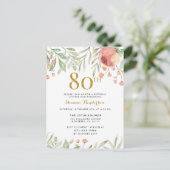 Waterverf Floral Gold Glitter 80ste Verjaardagsfee Uitnodiging Briefkaart (Staand voorkant)