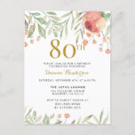 Waterverf Floral Gold Glitter 80th Birthday Party Uitnodiging Briefkaart<br><div class="desc">Deze elegante uitnodiging voor een verjaardagsfeestje is perfect voor die speciale dame die 80 wordt! Dit ontwerp is voorzien van waterverf roos schilderijen en elegante tekst en is zeker precies wat u zoekt. Voeg uw details snel en eenvoudig toe aan het ontwerp en neem vandaag uw uitnodiging mee!</div>