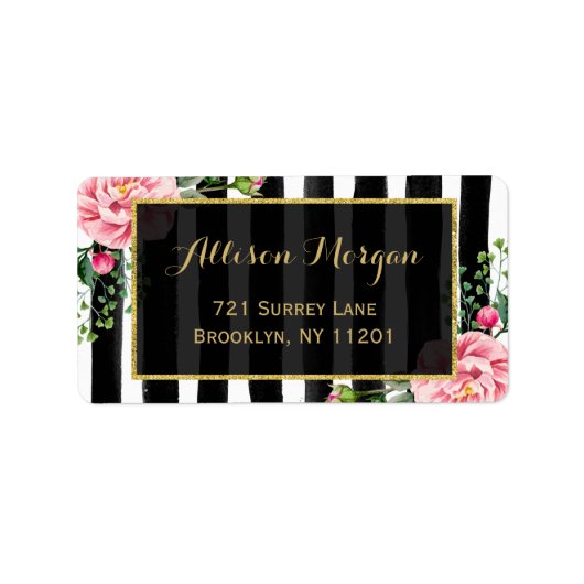 Waterverf Floral Gold Glitter Black White Stripes Etiket (Voorkant)