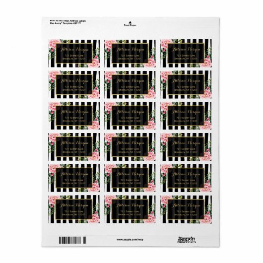 Waterverf Floral Gold Glitter Black White Stripes Etiket (Full Sheet)