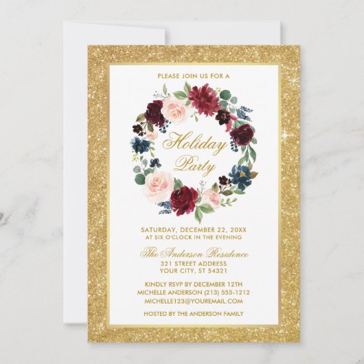 Waterverf Floral Gold Glitter Holiday Party Kaart (Voorkant)