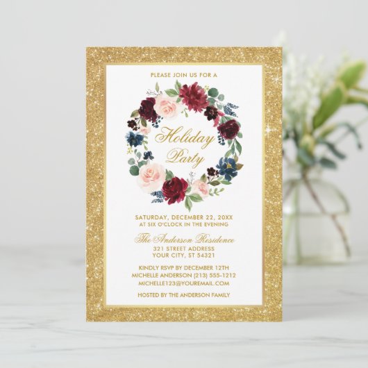 Waterverf Floral Gold Glitter Holiday Party Kaart (Staand voorkant)