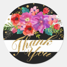 Waterverf Floral Gold Glitter Streep Dank u Ronde Sticker