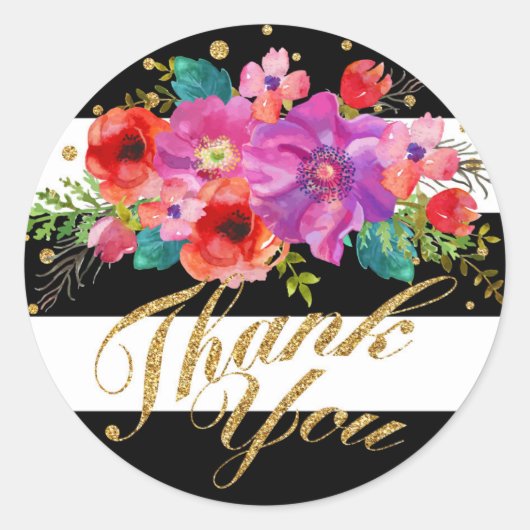 Waterverf Floral Gold Glitter Streep Dank u Ronde Sticker (Voorkant)