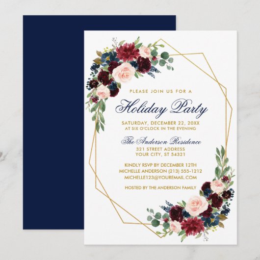 Waterverf Floral Gold Holiday Party Blue Kaart (Voorkant / Achterkant)