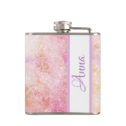 *~* Waterverf Floral Gold Lavender Peach Glitter Heupfles (Achterkant)