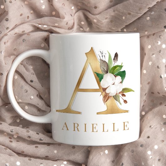 Waterverf Floral & Gold Letter A Monogram Koffiemok