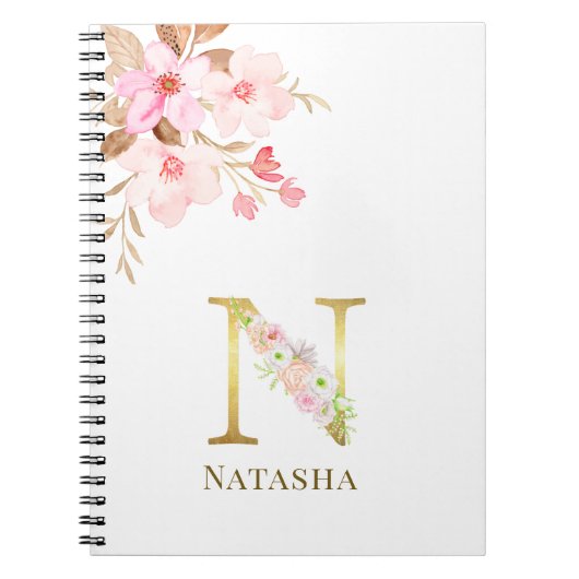 Waterverf Floral & Gold Letter E Monogram Notitieboek (Voorkant)