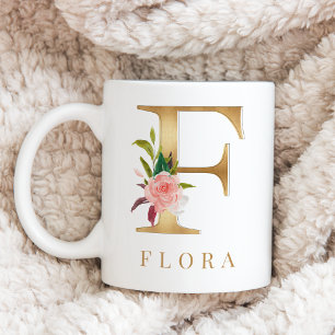 Waterverf Floral & Gold Letter F Monogram Koffiemok