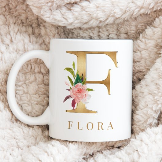 Waterverf Floral & Gold Letter F Monogram Koffiemok