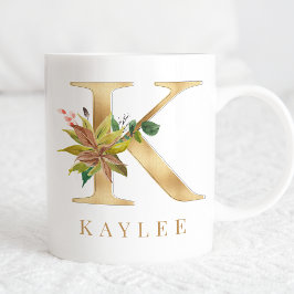 Waterverf Floral & Gold Letter K Monogram Koffiemok