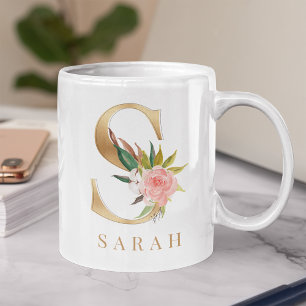 Waterverf Floral & Gold Letter S-monogram Koffiemok
