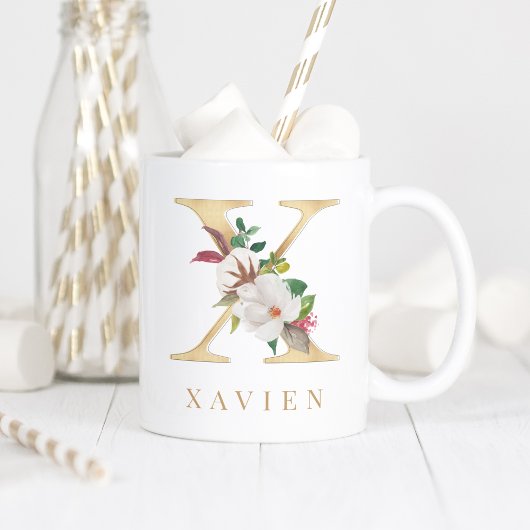 Waterverf Floral & Gold Letter X Monogram Koffiemok