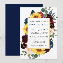 Waterverf Floral Gold Lijst Blue Wedding Kaart