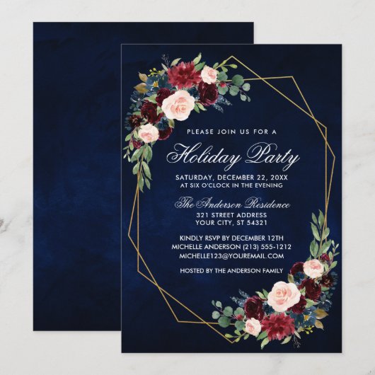 Waterverf Floral Gold Lijst Holiday Party Blue Kaart (Voorkant / Achterkant)