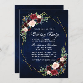 Waterverf Floral Gold Lijst Holiday Party Blue Kaart