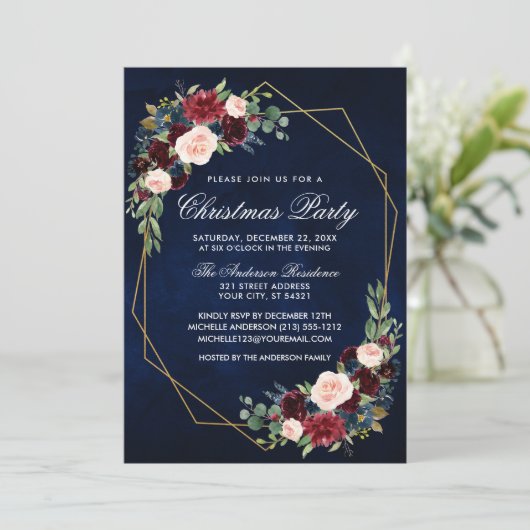 Waterverf Floral Gold Lijst kerstfeestblauw Kaart (Staand voorkant)