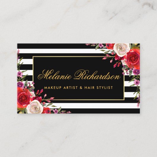 Waterverf Floral Gold Lijst Striped Visitekaartje (Voorkant)